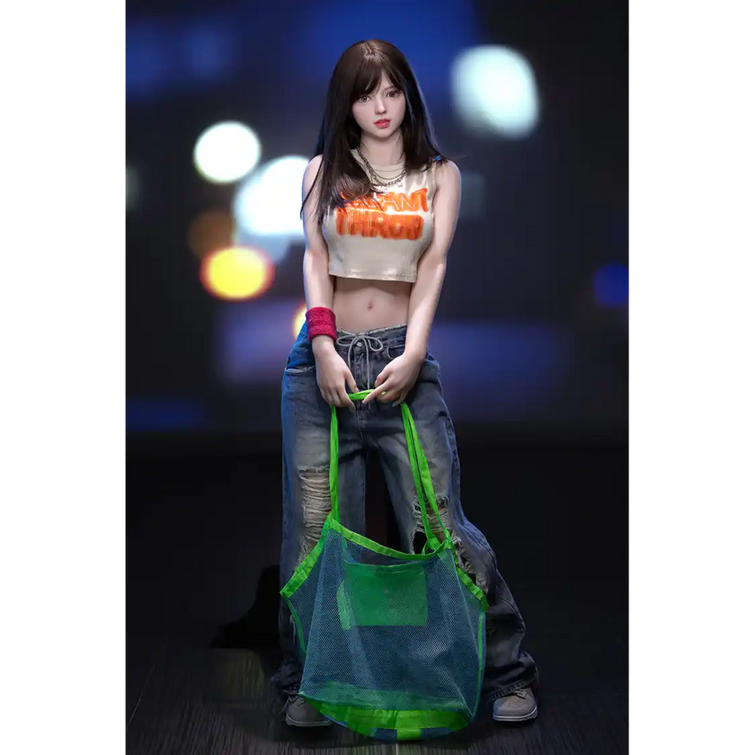 5ft 2in or 157cm lifelike full size medium breast skinny Asian female sex doll with fair skin,black hair and brown eyes.