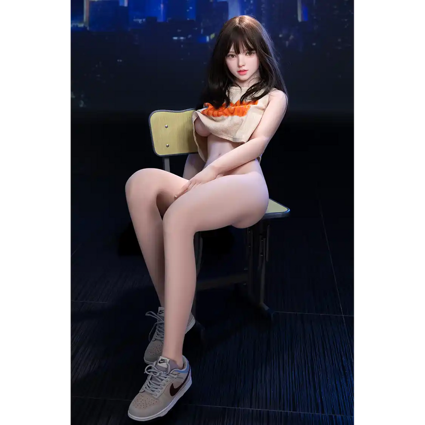 5ft 2in or 157cm lifelike full size medium breast skinny Asian female sex doll with fair skin,black hair and brown eyes.