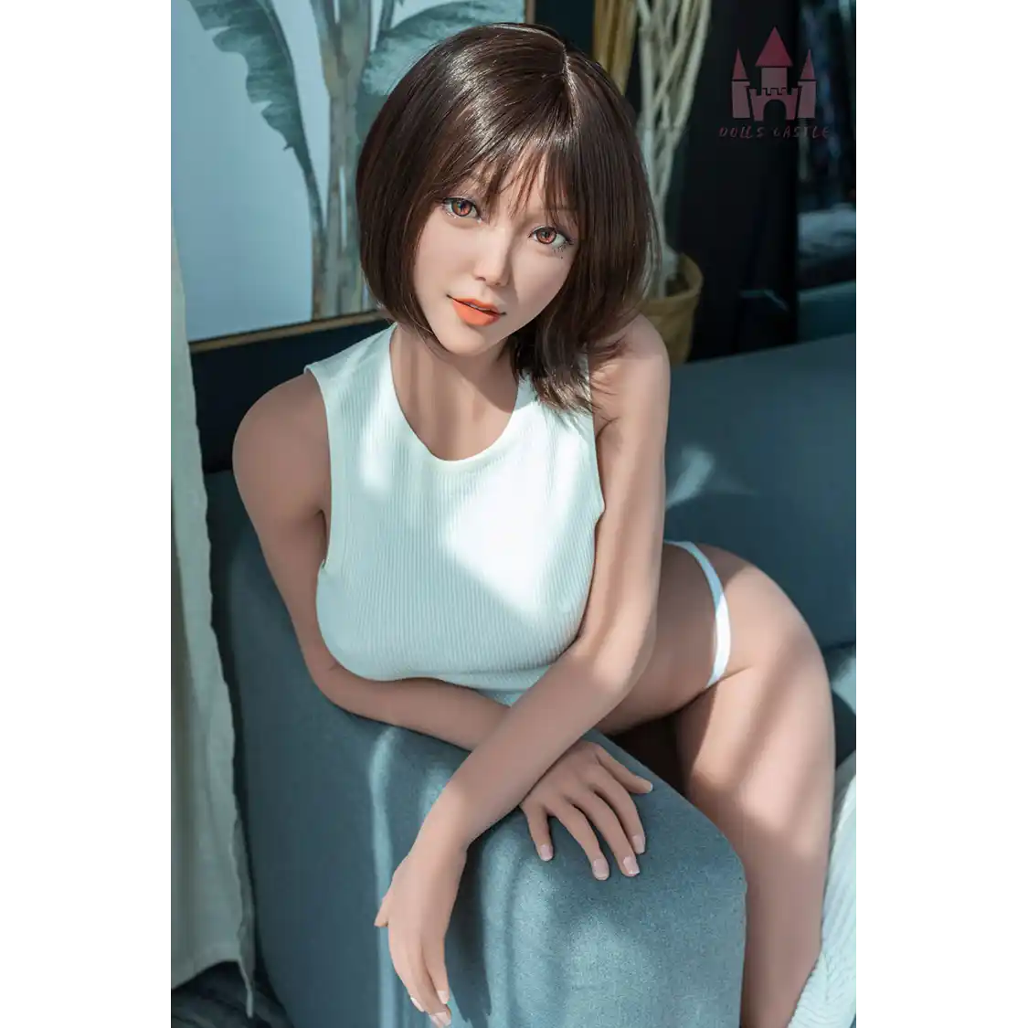 5ft 4in 163cm tall hot Asian TPE sex doll with large E-cup breasts, brown eyes and short dark hair.