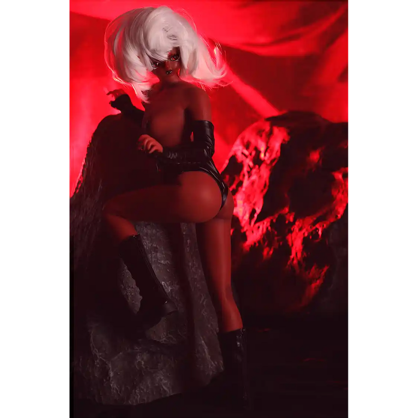 1ft 11in 60cm affordable mini red demon silicone sex doll with white hair, red eyes small breasts and a slim athletic figure.