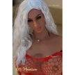 5ft 2in 157cm curvy sex doll with long wavy silver hair, tan skin, and large E-cup breasts in red fishnet lingerie.Made by 6ye.