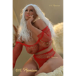 5ft 2in 157cm curvy sex doll with long wavy silver hair, tan skin, and large E-cup breasts in red fishnet lingerie.Made by 6ye.