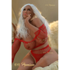 5ft 2in 157cm curvy sex doll with long wavy silver hair, tan skin, and large E-cup breasts in red fishnet lingerie.Made by 6ye.