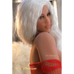 5ft 2in 157cm curvy sex doll with long wavy silver hair, tan skin, and large E-cup breasts in red fishnet lingerie.Made by 6ye.