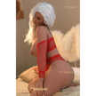 5ft 2in 157cm curvy sex doll with long wavy silver hair, tan skin, and large E-cup breasts in red fishnet lingerie.Made by 6ye.