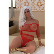 5ft 2in 157cm curvy sex doll with long wavy silver hair, tan skin, and large E-cup breasts in red fishnet lingerie.Made by 6ye.