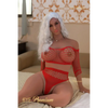 5ft 2in 157cm curvy sex doll with long wavy silver hair, tan skin, and large E-cup breasts in red fishnet lingerie.Made by 6ye.