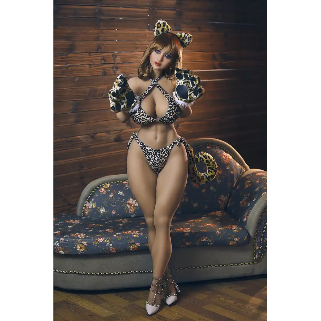 5ft 2in 158cm curvy plus sized  Asian TPE sex doll with fair skin, I cup breasts, light shoulder length hair, brown eyes and leopard print bra and panties.