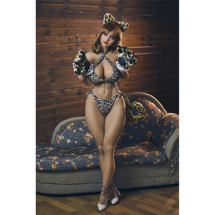 5ft 2in 158cm curvy plus sized  Asian TPE sex doll with fair skin, I cup breasts, light shoulder length hair, brown eyes and leopard print bra and panties.