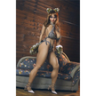 5ft 2in 158cm curvy plus sized  Asian TPE sex doll with fair skin, I cup breasts, light shoulder length hair, brown eyes and leopard print bra and panties.