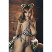 5ft 2in 158cm curvy plus sized  Asian TPE sex doll with fair skin, I cup breasts, light shoulder length hair, brown eyes and leopard print bra and panties.