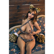 5ft 2in 158cm curvy plus sized  Asian TPE sex doll with fair skin, I cup breasts, light shoulder length hair, brown eyes and leopard print bra and panties.