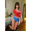 5ft 6in 166cm slim Asian TPE sex doll with shoulder length black hair, small breasts and brown eyes in a red shirt and blue shorts.