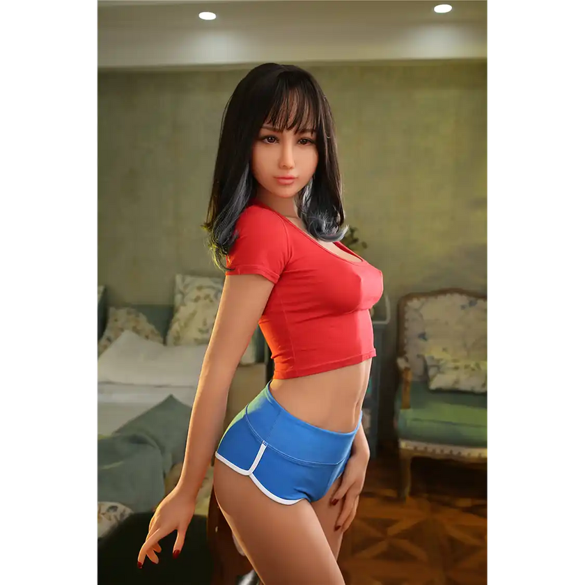5ft 6in 166cm slim Asian TPE sex doll with shoulder length black hair, small breasts and brown eyes in a red shirt and blue shorts.
