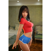 5ft 6in 166cm slim Asian TPE sex doll with shoulder length black hair, small breasts and brown eyes in a red shirt and blue shorts.