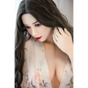 5ft 3in 159cm curvy Asian TPE sex doll with long wavy black hair, fair sking and large E-cup breasts in see through lingerie.