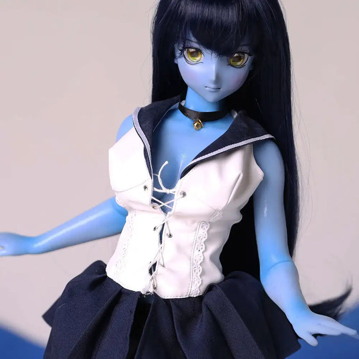 2ft 60cm anime style female mini silicone sex doll with medium breasts, blue skin and a fit athletic body in a sailor moon outfit.