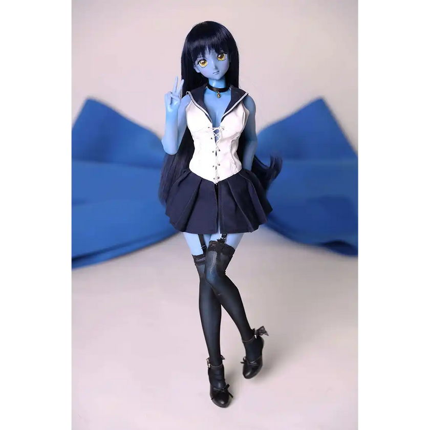 2ft 60cm anime style female mini silicone sex doll with medium breasts, blue skin and a fit athletic body in a sailor moon outfit.
