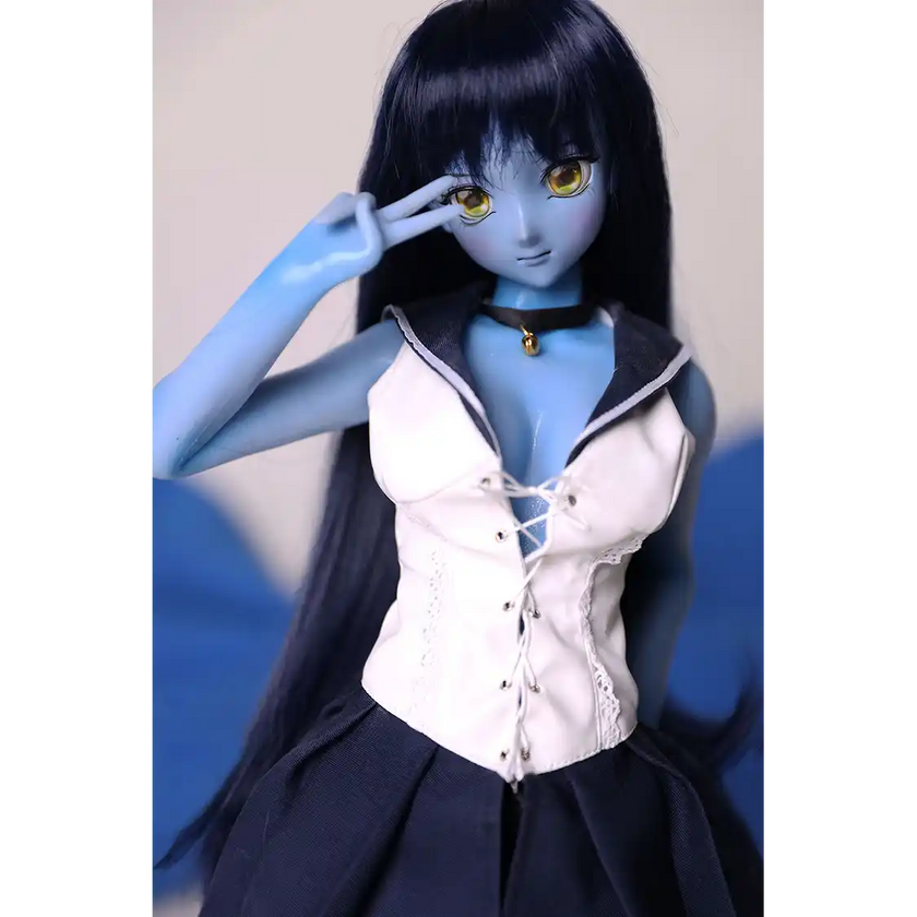 2ft 60cm anime style female mini silicone sex doll with medium breasts, blue skin and a fit athletic body in a sailor moon outfit.