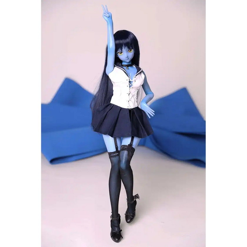 2ft 60cm anime style female mini silicone sex doll with medium breasts, blue skin and a fit athletic body in a sailor moon outfit.