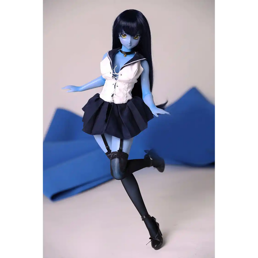 2ft 60cm anime style female mini silicone sex doll with medium breasts, blue skin and a fit athletic body in a sailor moon outfit.