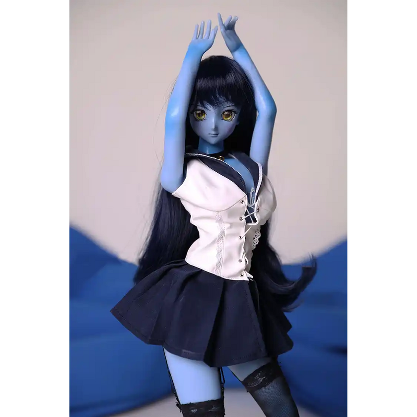 2ft 60cm anime style female mini silicone sex doll with medium breasts, blue skin and a fit athletic body in a sailor moon outfit.