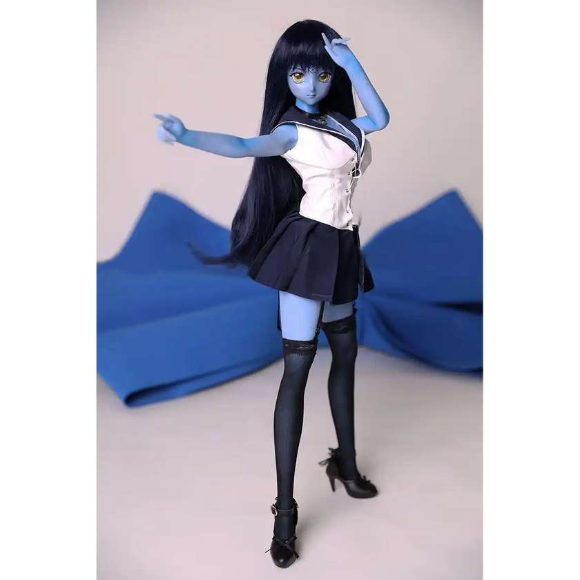 2ft 60cm anime style female mini silicone sex doll with medium breasts, blue skin and a fit athletic body in a sailor moon outfit.