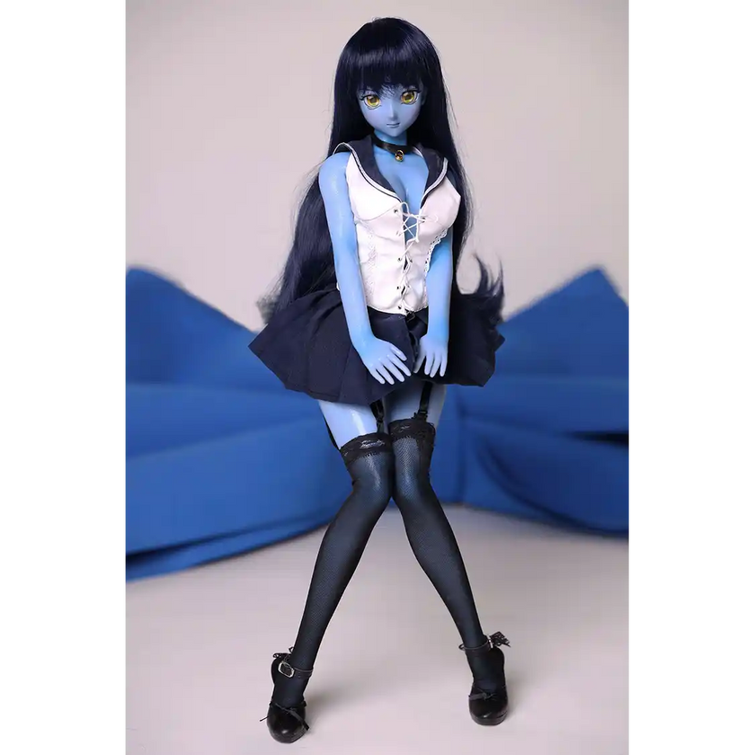 2ft 60cm anime style female mini silicone sex doll with medium breasts, blue skin and a fit athletic body in a sailor moon outfit.