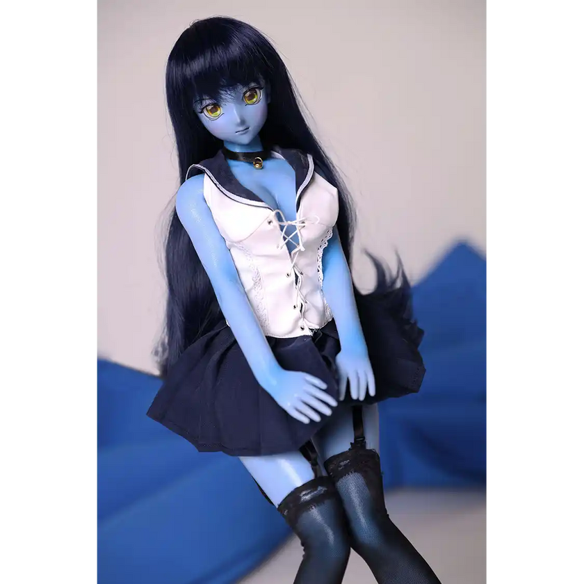 2ft 60cm anime style female mini silicone sex doll with medium breasts, blue skin and a fit athletic body in a sailor moon outfit.