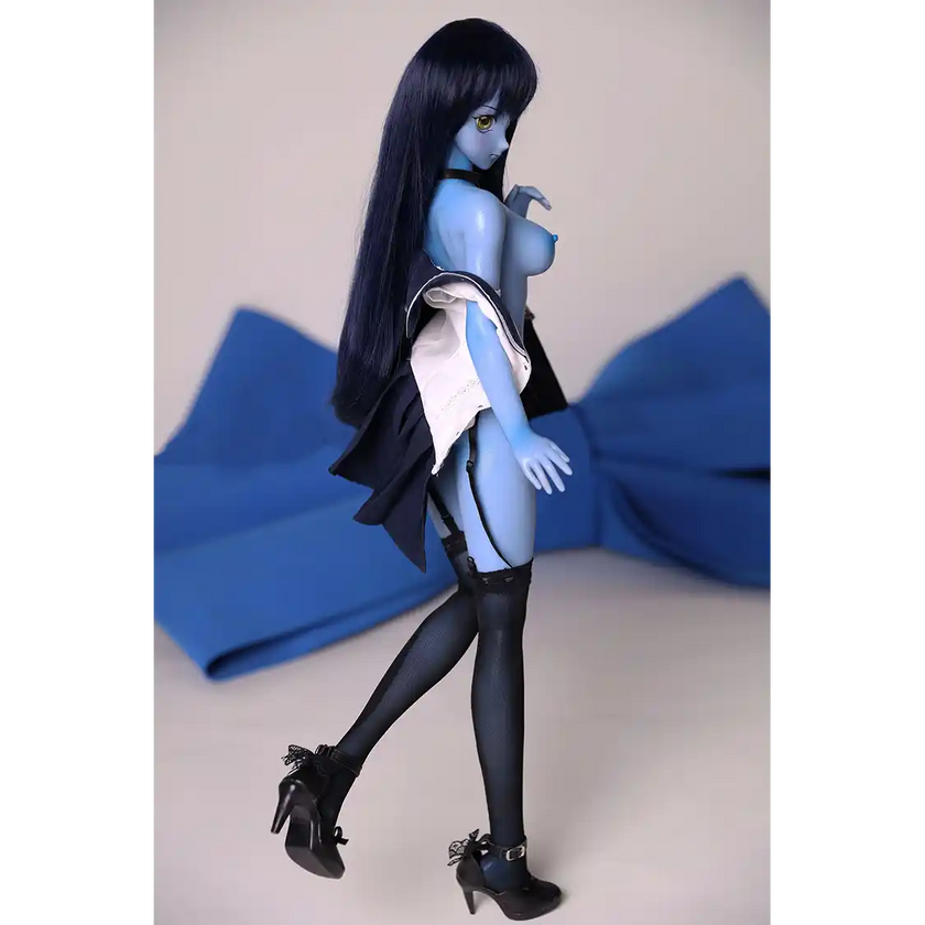 2ft 60cm anime style female mini silicone sex doll with medium breasts, blue skin and a fit athletic body in a sailor moon outfit.