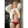 5ft 7in or 170cm athletic hyper realistic silicone sex doll with long legs, long blonde hair, medium sized breasts, and blue eyes in a fur coat and red underwear.