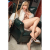 5ft 7in or 170cm athletic hyper realistic silicone sex doll with long legs, long blonde hair, medium sized breasts, and blue eyes in a fur coat and red underwear.