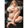 5ft 7in or 170cm athletic hyper realistic silicone sex doll with long legs, long blonde hair, medium sized breasts, and blue eyes in a fur coat and red underwear.