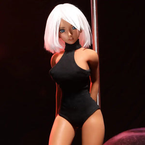 2ft 60cm anime style female mini silicone sex doll with large breasts, tanned skin and a fit athletic body.