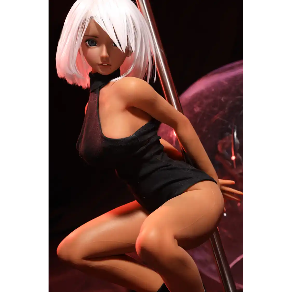 2ft 60cm anime style female mini silicone sex doll with large breasts, tanned skin and a fit athletic body.