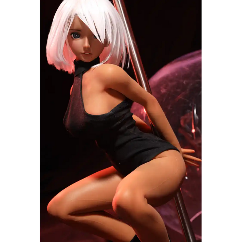 2ft 60cm anime style female mini silicone sex doll with large breasts, tanned skin and a fit athletic body.