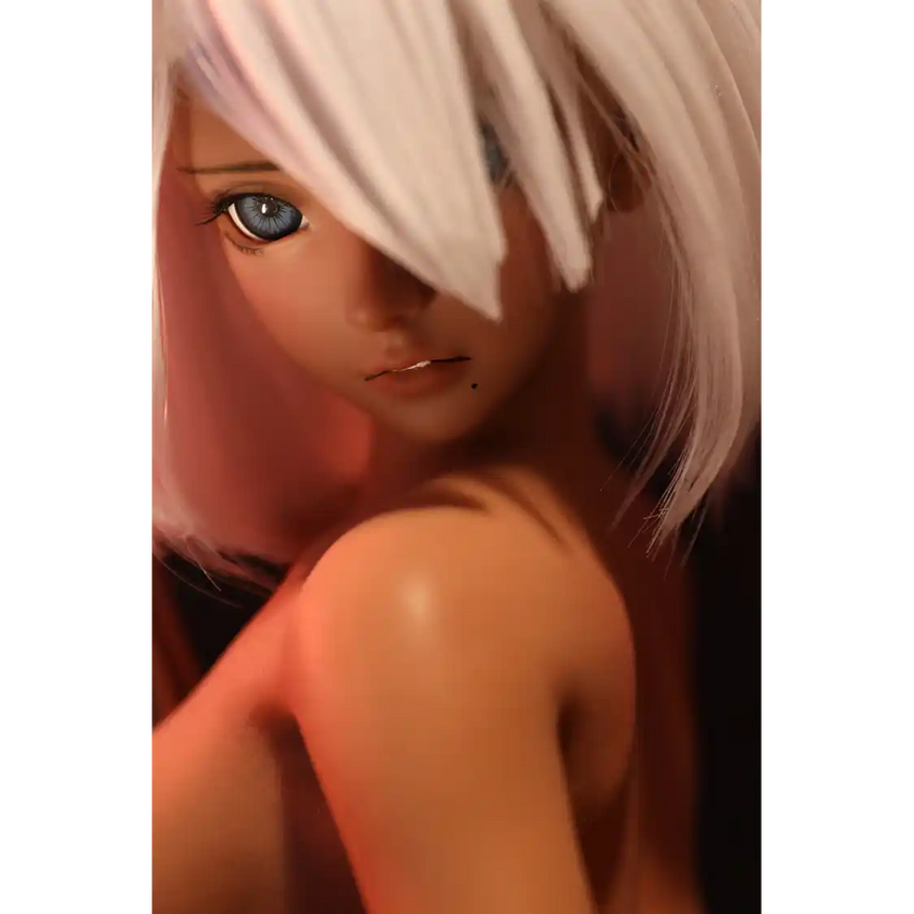 2ft 60cm anime style female mini silicone sex doll with large breasts, tanned skin and a fit athletic body.