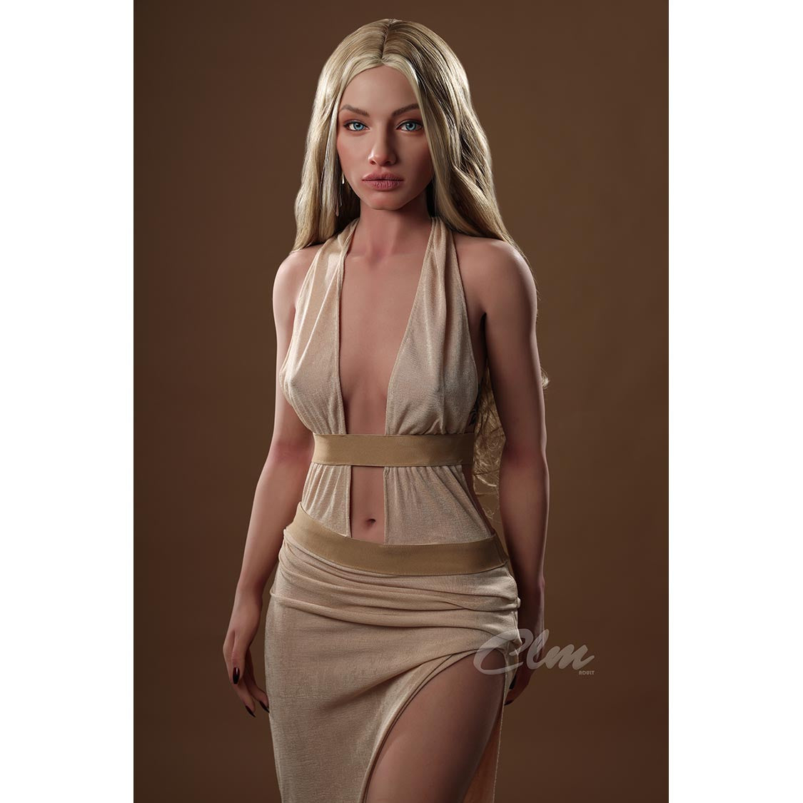 5ft 2in or 60cm silicone MILF sex doll with long blonde hair, light skin, petite build, small breasts and blue eyes with extremely lifelike body.  Made by Climax Doll.