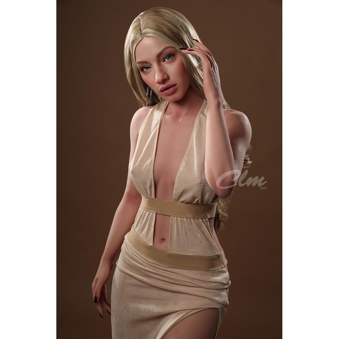 5ft 2in or 60cm silicone MILF sex doll with long blonde hair, light skin, petite build, small breasts and blue eyes with extremely lifelike body.  Made by Climax Doll.