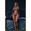 5ft 5in or 164cm curvy hybrid sex doll with long legs, long blonde hair, large breasts, large butt, and brown eyes in a sheer top and underwear.