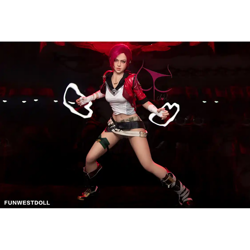 5ft 2in 159cm Caucasian female silicone sex doll with red hair, C-cup breasts and a slim athletic figure in sci-fi outfit.