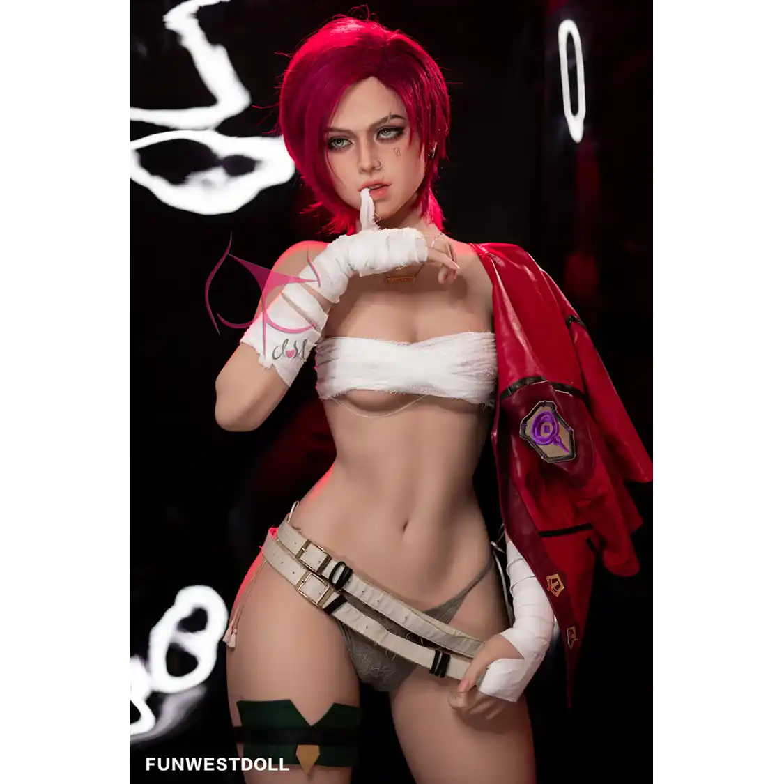 5ft 2in 159cm Caucasian female silicone sex doll with red hair, C-cup breasts and a slim athletic figure in sci-fi outfit.