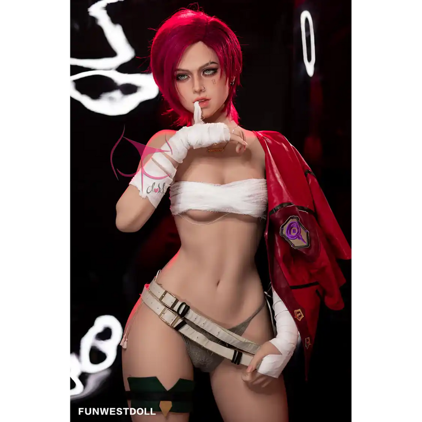 5ft 2in 159cm Caucasian female silicone sex doll with red hair, C-cup breasts and a slim athletic figure in sci-fi outfit.