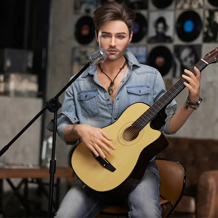 5ft 6in or 170cm silicone male sex doll with muscular arms, chest and abs with short brown hair and blue eyes in a country outfit.
