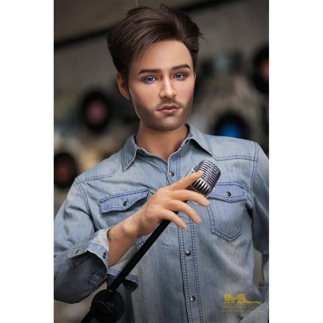 5ft 6in or 170cm silicone male sex doll with muscular arms, chest and abs with short brown hair and blue eyes in a country outfit.