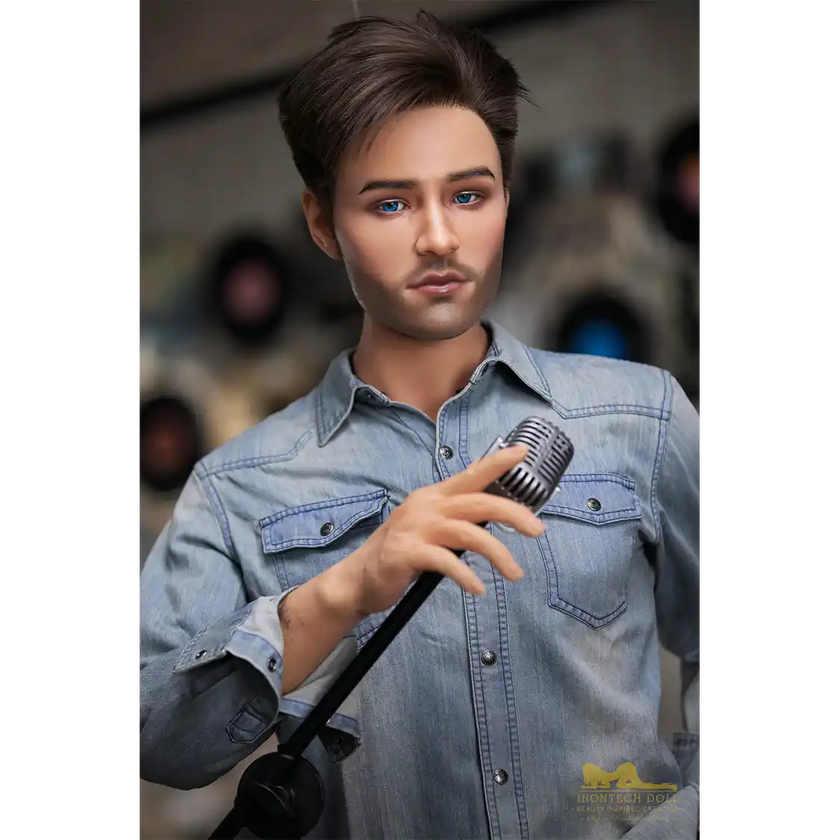 5ft 6in or 170cm silicone male sex doll with muscular arms, chest and abs with short brown hair and blue eyes in a country outfit.