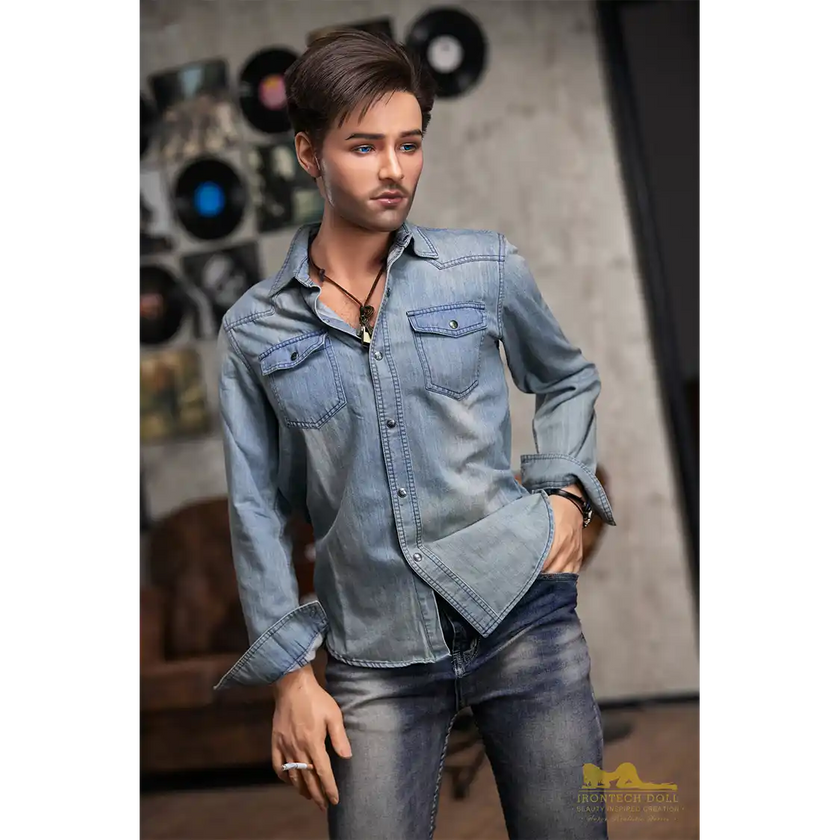 5ft 6in or 170cm silicone male sex doll with muscular arms, chest and abs with short brown hair and blue eyes in a country outfit.