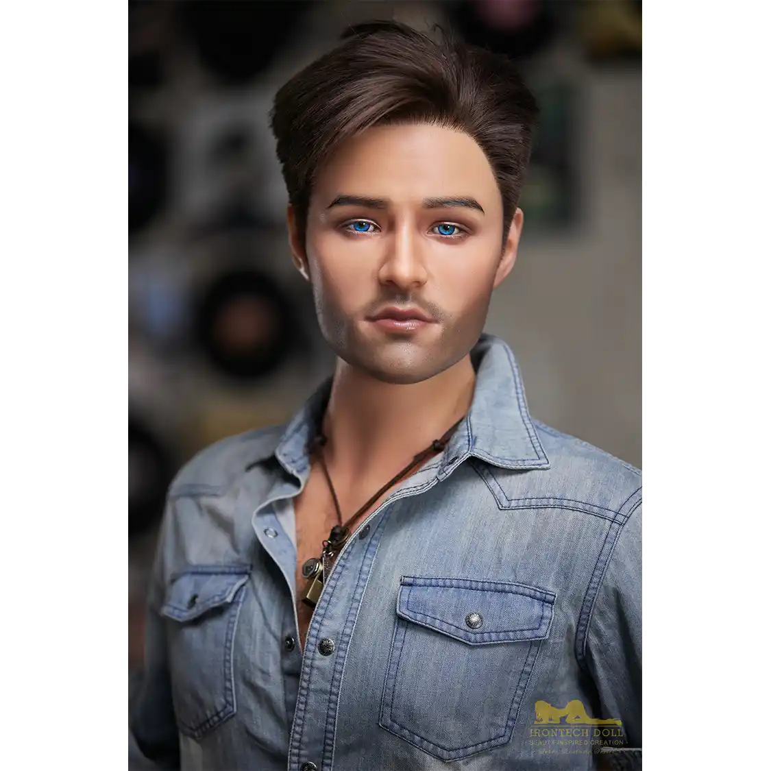 5ft 6in or 170cm silicone male sex doll with muscular arms, chest and abs with short brown hair and blue eyes in a country outfit.