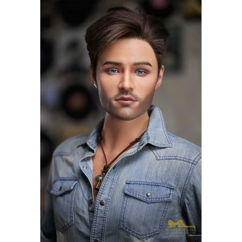 5ft 6in or 170cm silicone male sex doll with muscular arms, chest and abs with short brown hair and blue eyes in a country outfit.