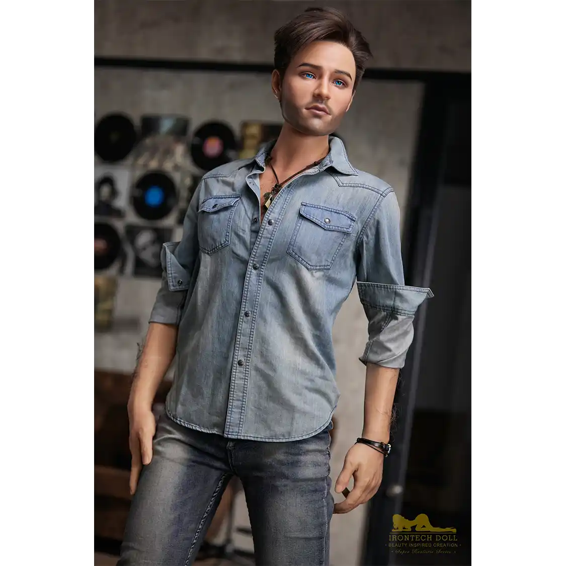 5ft 6in or 170cm silicone male sex doll with muscular arms, chest and abs with short brown hair and blue eyes in a country outfit.